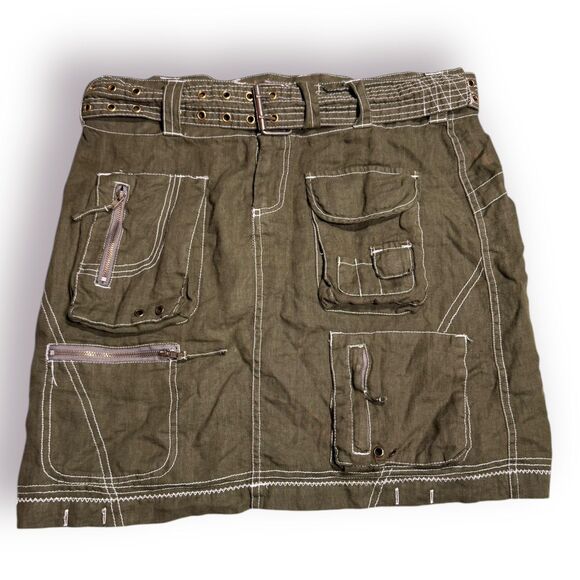 Pete & Greta 100%‎ Green Linen Belted Cargo Mini Skirt Size 4 Retro Midi Skirt - Picture 9 of 10